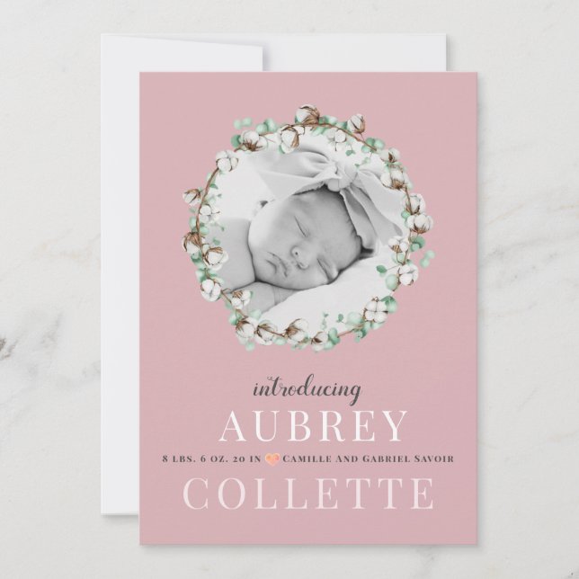 Modern Elegant Girl Rosa Birth Notice (Framsida)