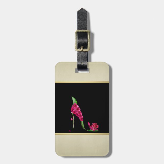 Modern Elegant Girly, Black, Cream, Flower Heel Bagagebricka (Vertikal Framsida)