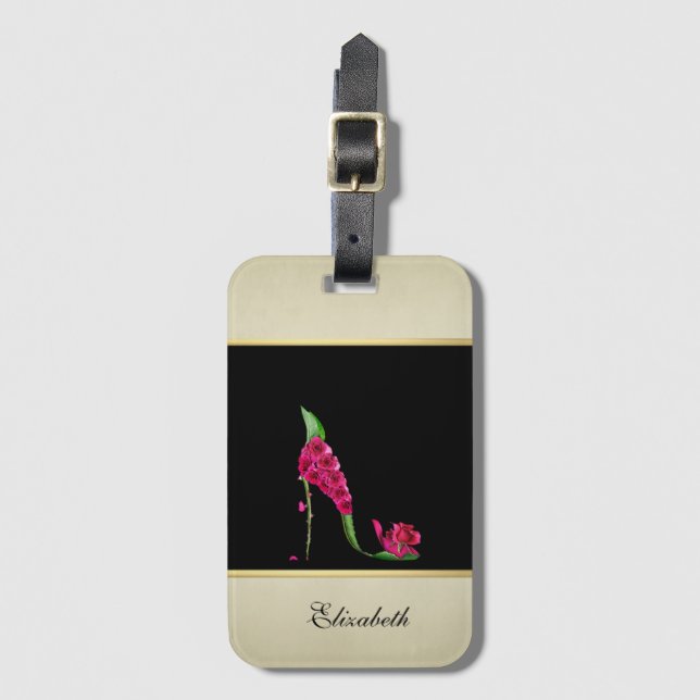 Modern Elegant Girly, Black, Cream, Flower Heel Bagagebricka (Framsida vertikal)