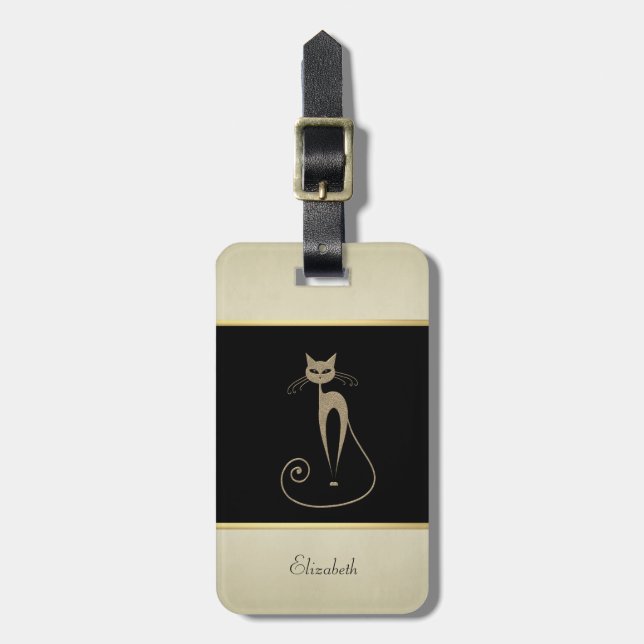 Modern Elegant Girly, Black, Cream, Glittery Cat Bagagebricka (Vertikal Framsida)