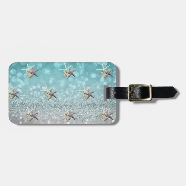 Modern Elegant Girly, Glittery,Bokeh,Starfish Bagagebricka (Horisontell Framsida)