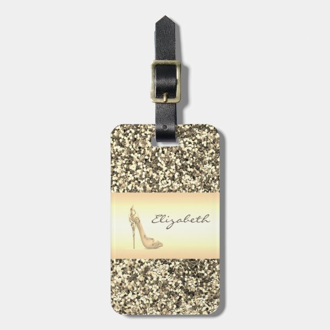 Modern Elegant Girly, Guld Glitter, Heel Bagagebricka (Vertikal Framsida)
