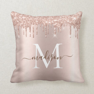 Modern Elegant Girly Ro Guld Glitter Monogram Kudde