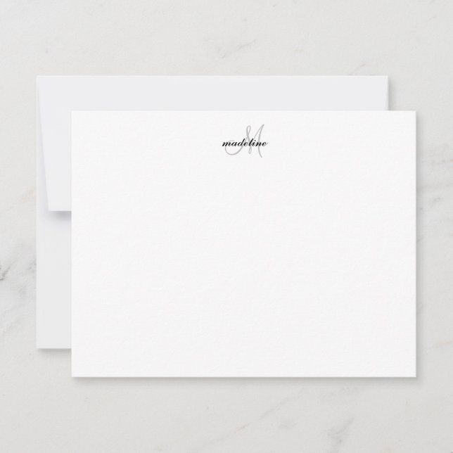 Modern Elegant Girly Script Black Grått Monogram Anteckningskort (Framsida)