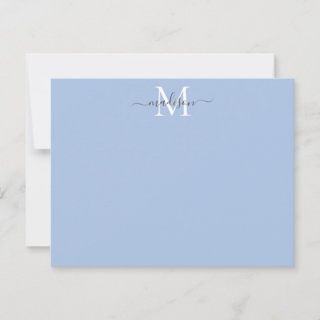 Modern Elegant Girly Script Monogram Dusty Blue Anteckningskort (Framsida)