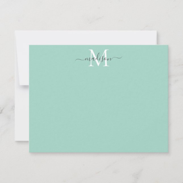 Modern Elegant Girly Script Monogram Mint-Grönt Anteckningskort (Framsida)