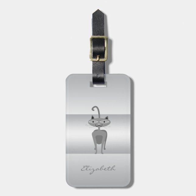 Modern Elegant Girly, Silver Whimsical Cat Bagagebricka (Vertikal Framsida)
