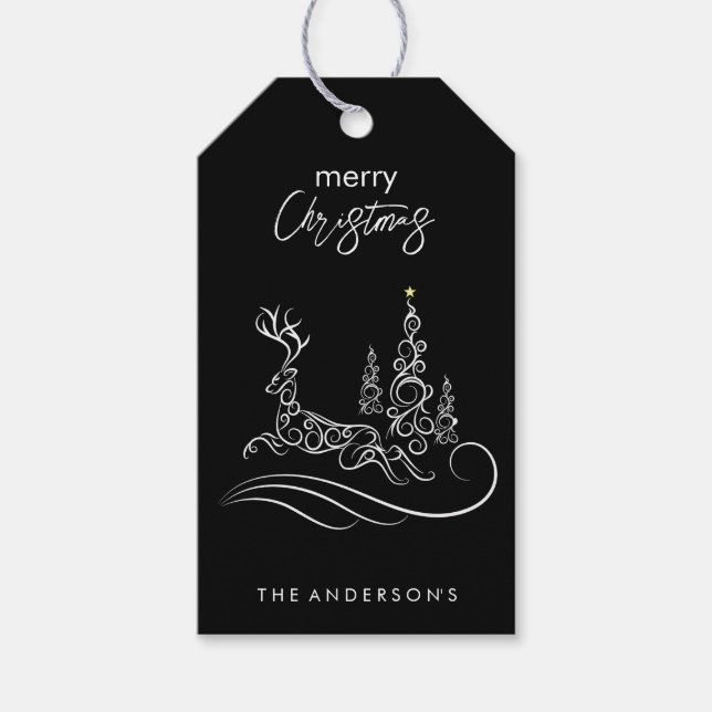 Modern Elegant Glad Jul Träd och Renar Presentetikett (Framsidan)