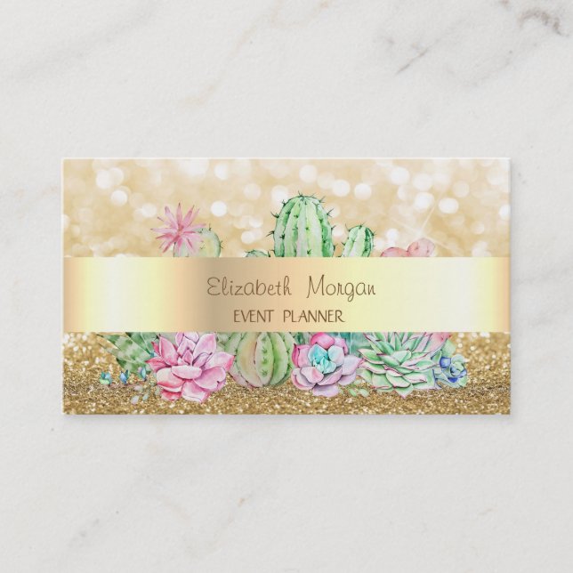 Modern Elegant Glitter, Bokeh, Kaktus Visitkort (Framsida)