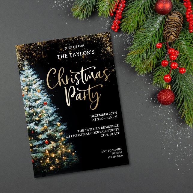 Modern Elegant Glitter Christmas Tree Party Inbjudningar (watercolor christmas tree with black background gold details party invitation)