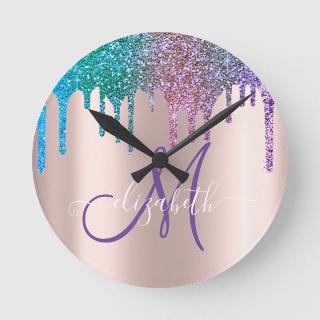 Modern Elegant Glitter Drives Ro Guld Monogram Rund Klocka (Framsida)