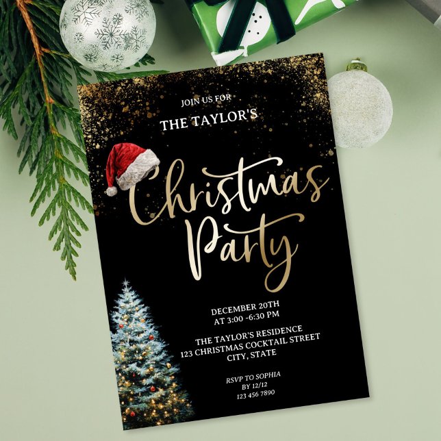 Modern Elegant Glitter Julgran Fest Inbjudningar (Modern Elegant Glitter Christmas Tree Party Invitation with gold writing and santa's cap)