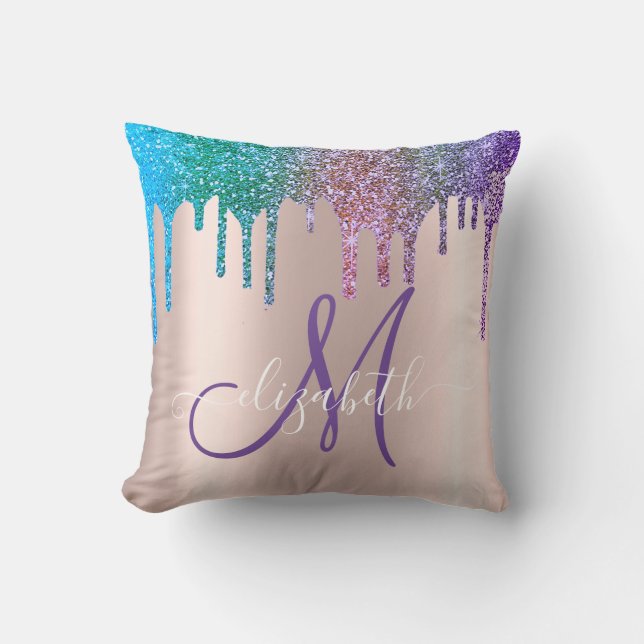 Modern Elegant Glitterdropp Monogram i Roseguld Kudde (Framsida)