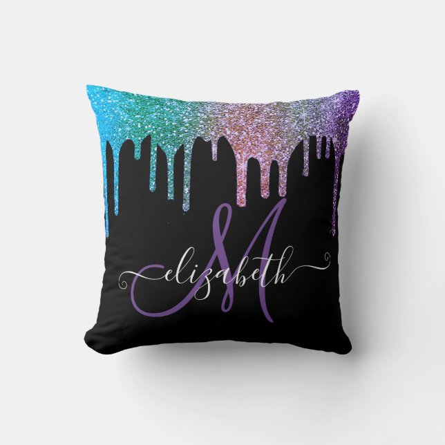 Modern Elegant Glitterdropp Svart Monogram Kudde (Framsida)