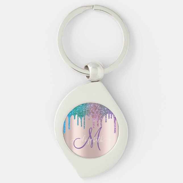 Modern Elegant Glitterdroppar Roséguld Monogram Swirl Silverfärgad Nyckelring (Framsidan)