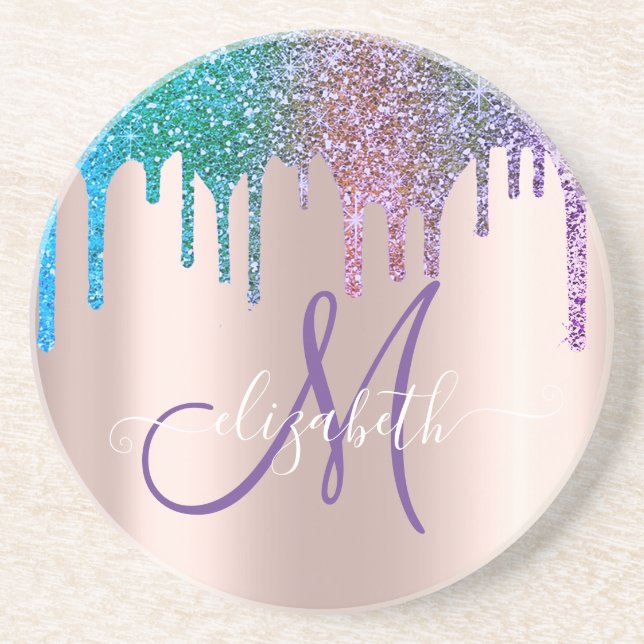 Modern Elegant Glitterdroppar Roséguld Monogram Underlägg (Framsidan)