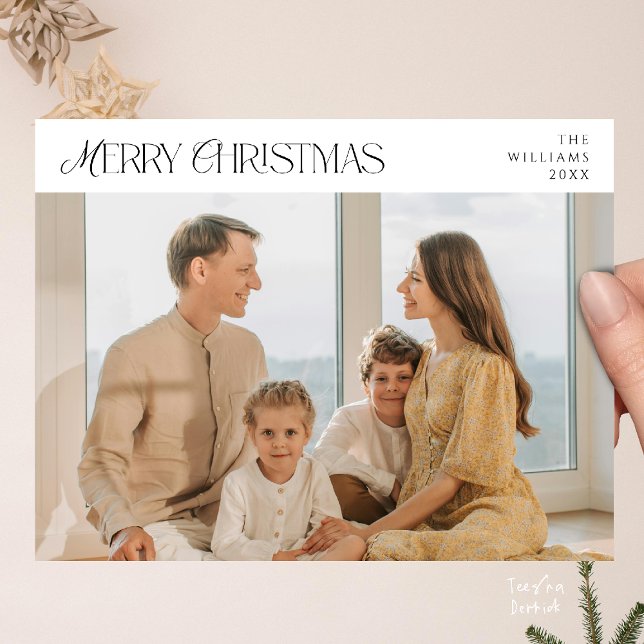 Modern Elegant, God jul Family Photo Vykort (Modern Elegant, Merry Christmas Family Photo Postcard in Black and White Theme)