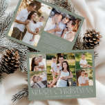 Modern Elegant God jul Sage Photo Collage Julkort<br><div class="desc">Fira säsongen med Modern Elegant God jul Sage Grönt Photo Collage Helgdag Card. Den här snyggten har en 5-fotokollage på framsidan, med 4 fyrkantiga foton runt ett större bild i mitten. "God jul" visas på ett vackert sätt i trendiget med vita bokstäver på gröntens bakgrund. Anpassa till din familj namn...</div>