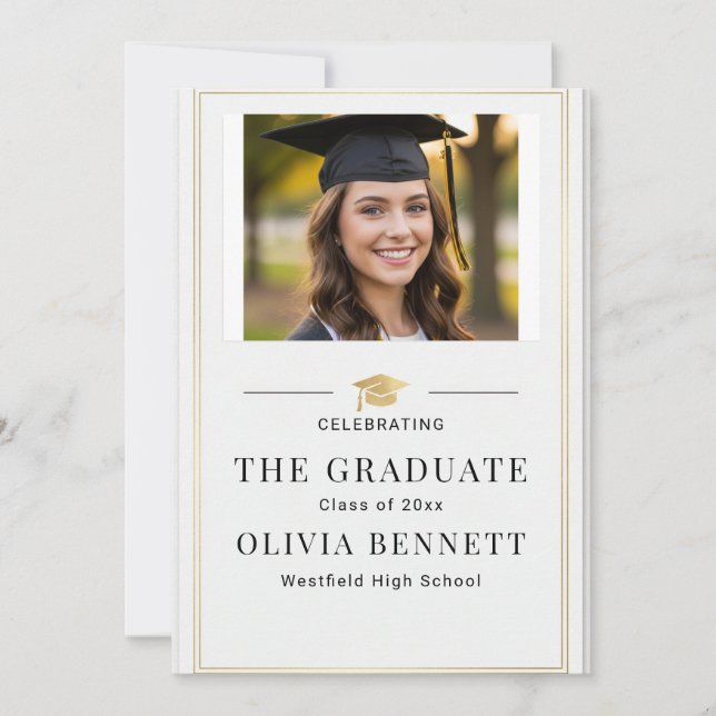 Modern Elegant Gold Border Photo Graduation Inbjudningar (Framsida)