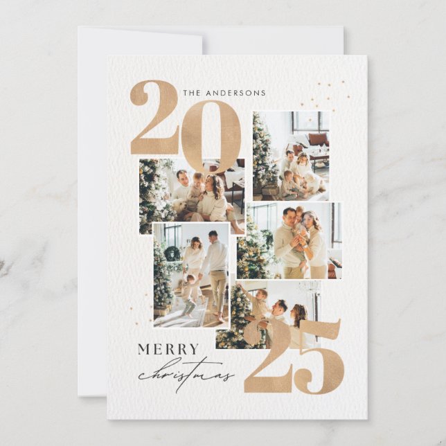 Modern Elegant Gold Five Photo Collage Christmas Julkort (Framsida)