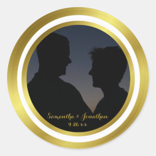 Modern Elegant Gold Foil Photo Bröllop Förlovning Runt Klistermärke