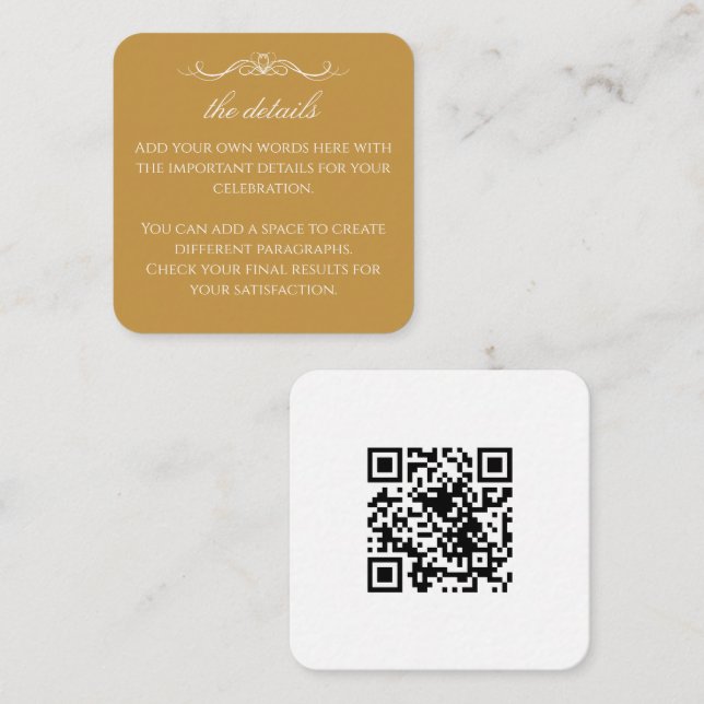Modern Elegant Gold & White Wedding QR Details Tilläggskort (Fram/baksida)