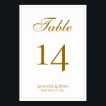 Modern Elegant Golden Script Bröllop Bordsnummer<br><div class="desc">Bordsnumret Modern Elegant Script Bröllop. Kortet är modernt och elegant med ett tunt gräns och ett skript i färg. Anpassa varje kort separat för varje bordsnummer och placera det separat i din kundvagn. Anpassa all text på kortet i bord.</div>