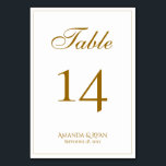 Modern Elegant Golden Script Bröllop Bordsnummer<br><div class="desc">Bordsnumret Modern Elegant Script Bröllop. Kortet är modernt och elegant med ett tunt gräns och ett skript i färg. Anpassa varje kort separat för varje bordsnummer och placera det separat i din kundvagn. Anpassa all text på kortet i bord.</div>