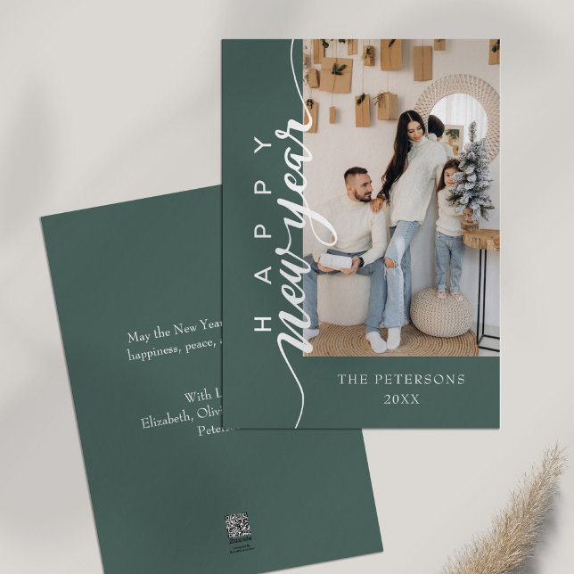 Modern Elegant Gott Nytt År Hälsning Julkort (Modern Elegant Happy New Year Greeting Holiday Card on a table.)