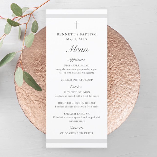 Modern Elegant Grå Dop Meny (Modern gender neutral  baptism menu with script headlines and simple cross.)