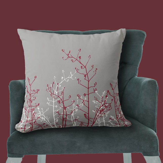 Modern Elegant Grått Burgundy Flowers Kudde (Skapare uppladdad)