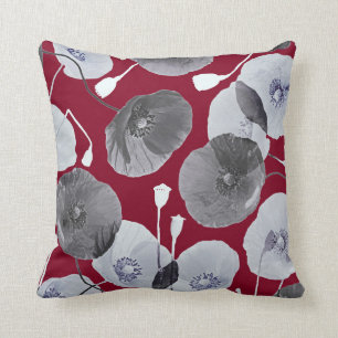 Modern Elegant Grått Poppy Flowers Burgundy Kudde