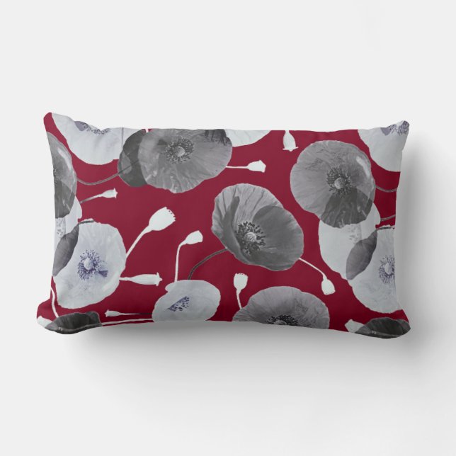 Modern Elegant Grått Poppy Flowers Burgundy Lumbarkudde (Framsida)