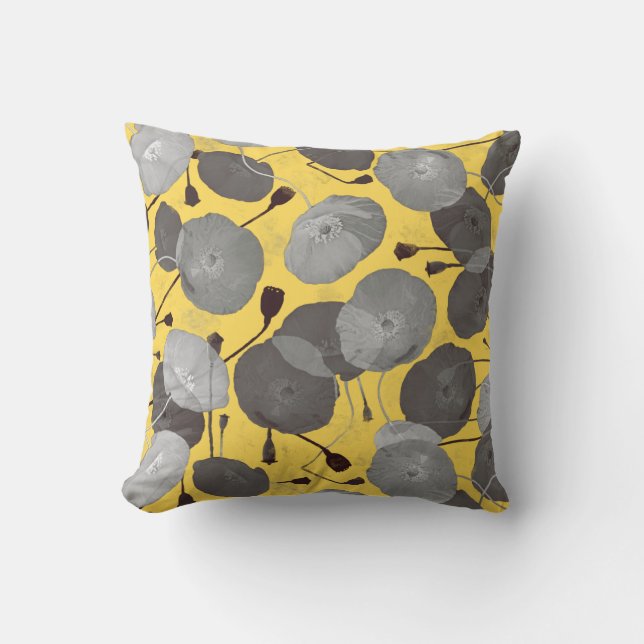 Modern Elegant Grått Poppy Flowers Mustard Gult Kudde (Framsida)