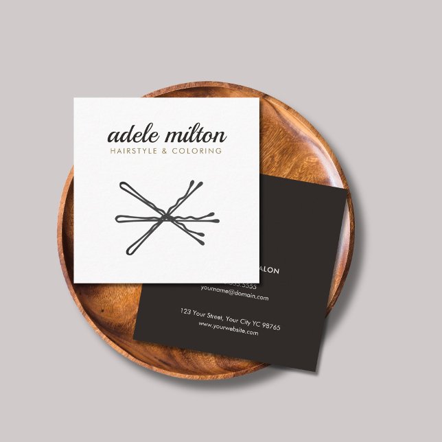 Modern Elegant Grått White Bobby Stift Hairstylist Fyrkantigt Visitkort (Skapare uppladdad)