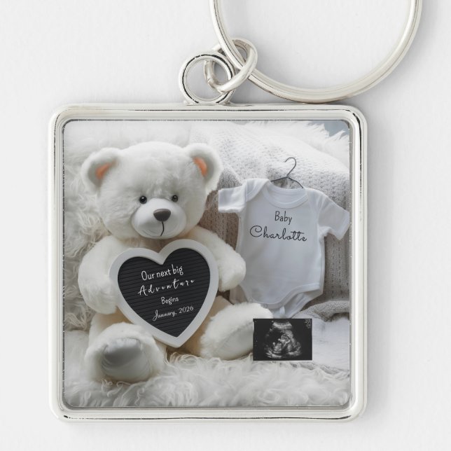 Modern Elegant Graviditetsförvaring Souvenir Fyrkantig Silverfärgad Nyckelring (Framsidan)