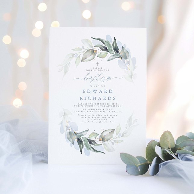 Modern Elegant Greenery Dusty Blue Baptism Inbjudningar (Dusty Blue Baptism Invitations)