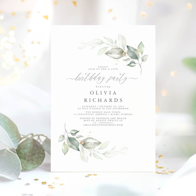 Modern Elegant Greenery Födelsedagsfest Inbjudningar (Minimalist Greenery Birthday Invitations)