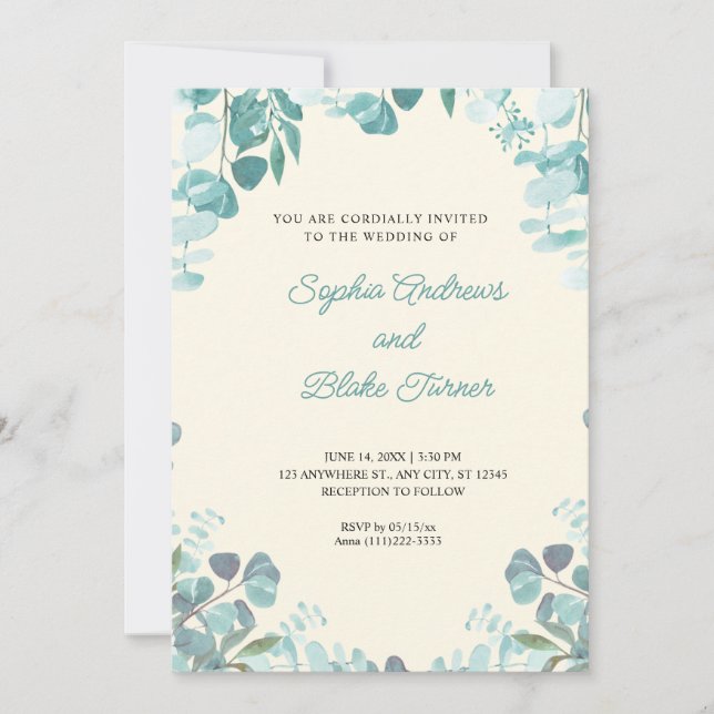 Modern Elegant Greenery Framed Gult Bröllop Inbjudningar (Framsida)