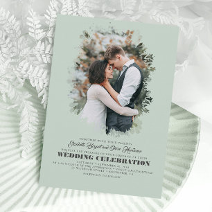 Modern Elegant Greenery Photo Overlay Bröllop Inbjudningar