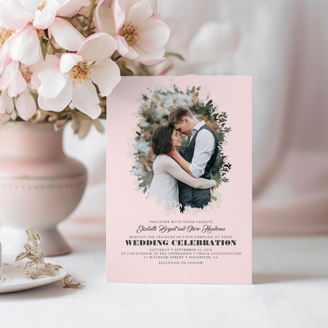 Modern Elegant Greenery Photo Overlay Rosa Bröllop Inbjudningar (Pink Wedding Photo Invitations)