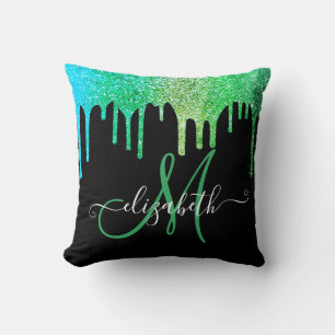 Modern Elegant Grön Glitterdroppar Svart Monogram Kudde