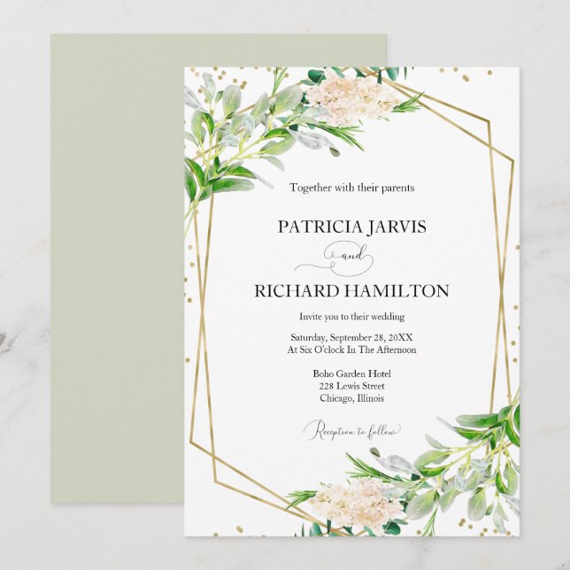 Modern Elegant Grönska Geometrisk Bröllop Inbjudningar (Fram/baksida)