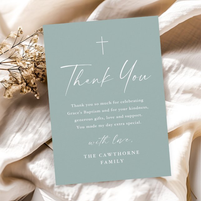Modern Elegant Grönt Baptism vid minimal sidväxlin Tack Kort (Modern simple script sage green baptism thank you card.)