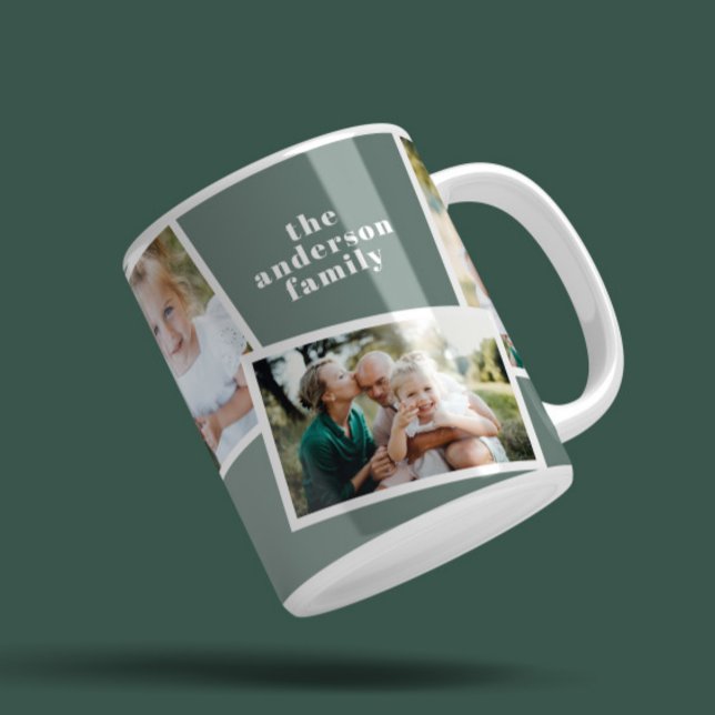 Modern elegant grönt för flera fotofamiljsage kaffemugg (Skapare uppladdad)
