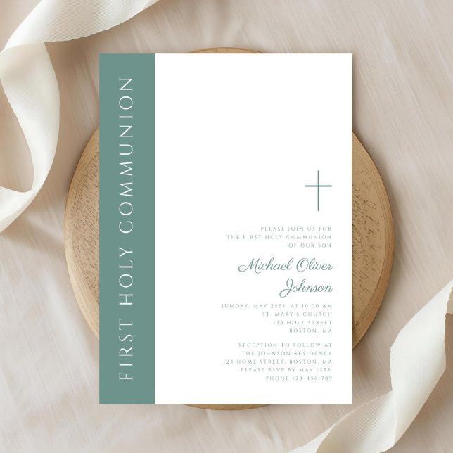 Modern Elegant Grönt Kor Boy First Communion Inbjudningar (Modern Elegant Green Cross Boy First Communion Invitation)