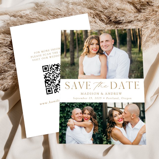 Modern Elegant Guld 3 Foto QR-kod Spara Datumet (Skapare uppladdad)