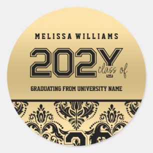 Modern Elegant Guld & Black Damask Class of 2016 Runt Klistermärke