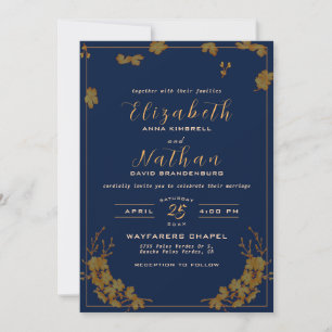 Modern Elegant Guld Blommigt Navy Blue Bröllop Inbjudningar