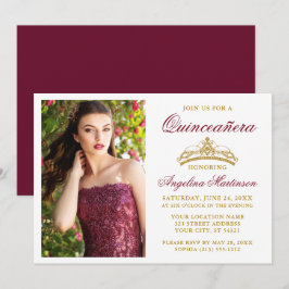 Modern Elegant Guld Burgundy Quinceanera, Krona Inbjudningar